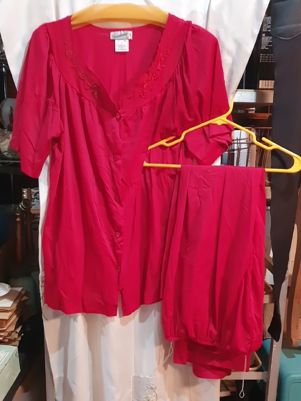 True Vintage Red Short Sleeve Button Front Pajama Set with Drawstring Pants